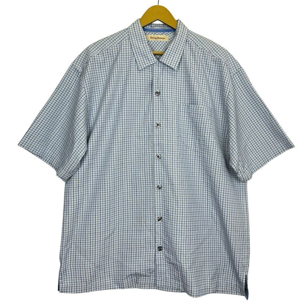 Tommy Bahama Mens Silk Button Up Shirt Size L Blue Short Sleeve Preppy Sample